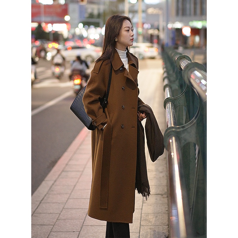 清仓【1055】绵羊毛秋冬长款毛呢双排扣风衣式外套