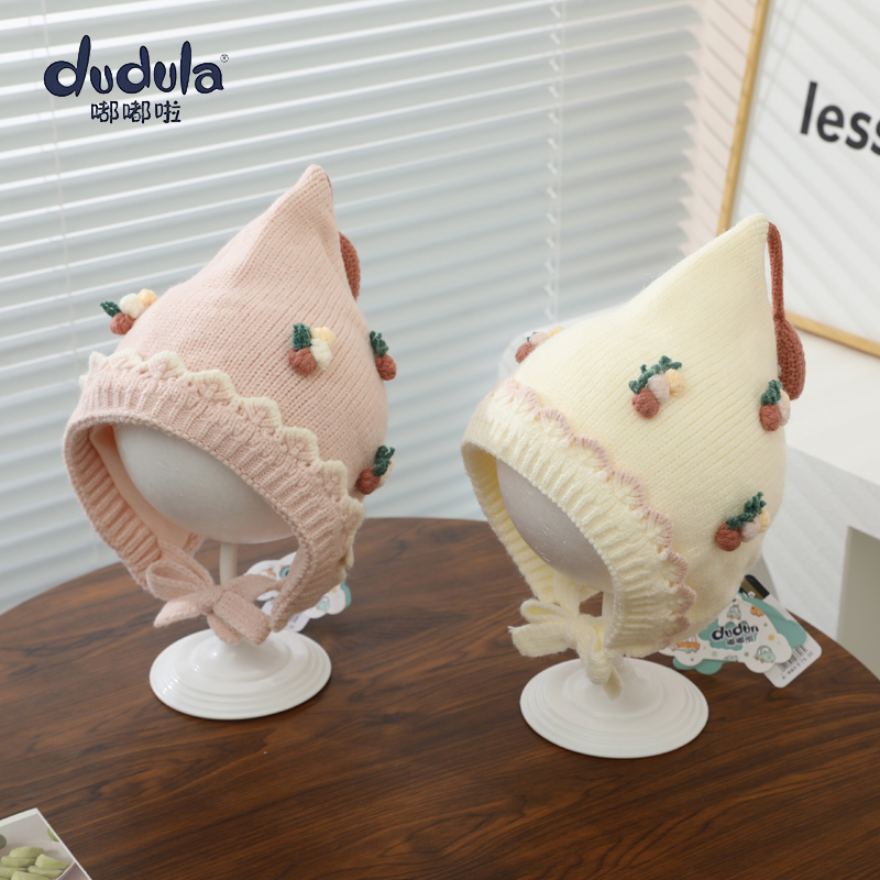 嘟嘟啦冬季新款儿童毛线帽棉里衬加厚保暖护耳宫廷风甜美针织帽潮