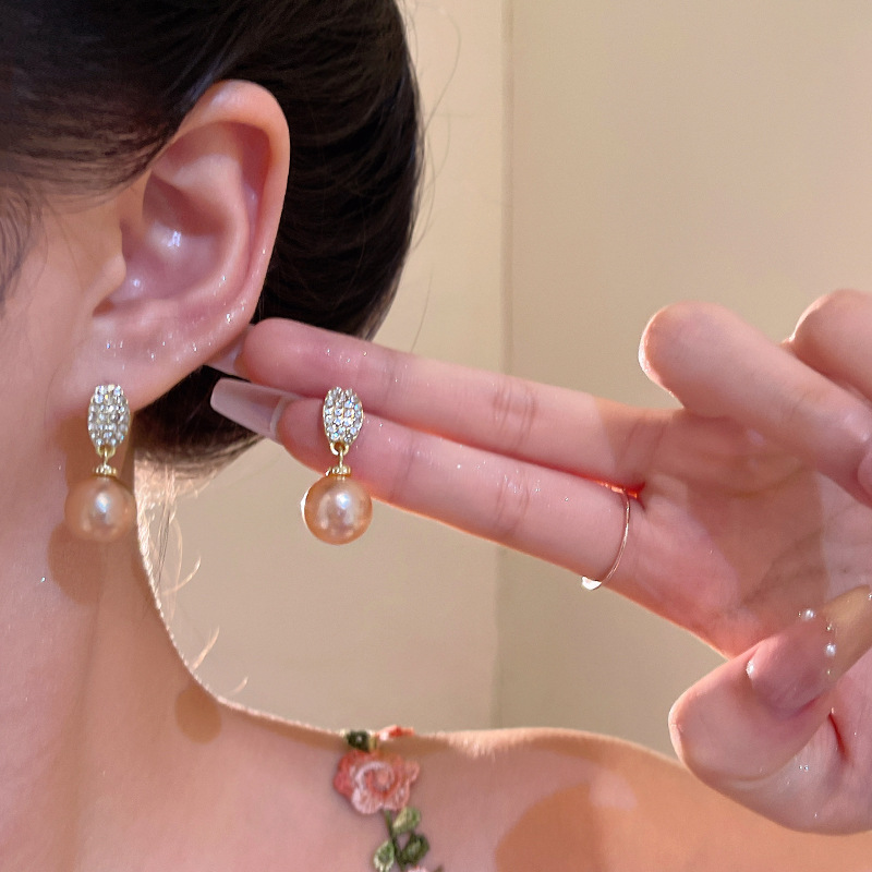 铜合金耳饰 轻奢高级感珍珠吊坠耳环精致微镶锆石几何形耳钉35