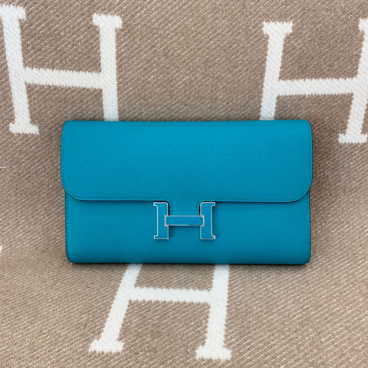 99新 Hermes/爱马仕 康康长款钱包 X e皮搪瓷孔雀蓝0118n2 