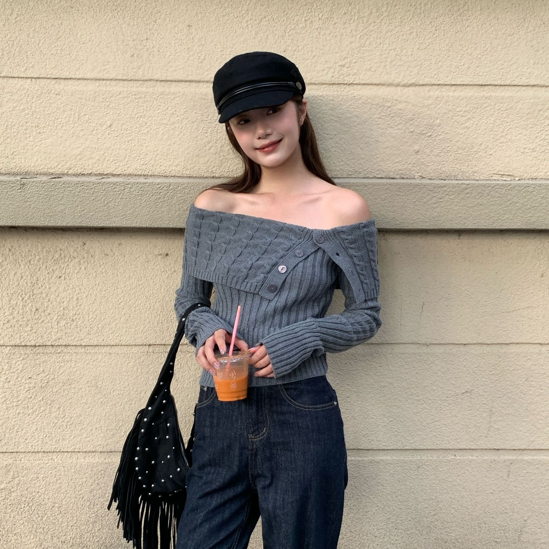 广州十三行25秋性感辣妹露肩慵懒修身一字肩弹力毛衣女F6622