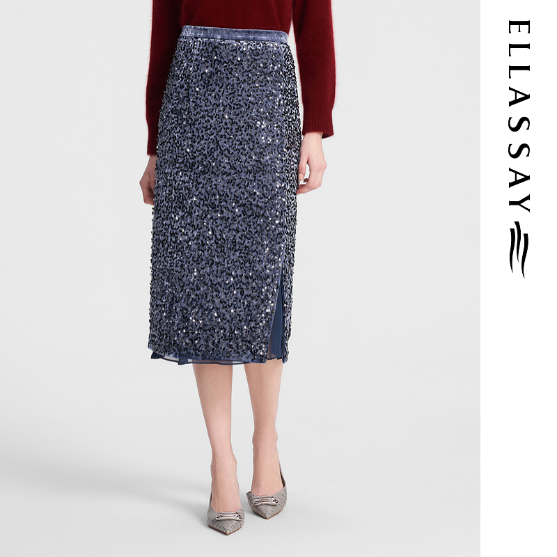 ELLASSAY歌力思秋冬新款简约开衩下摆A字半身裙女EWF354Q00600