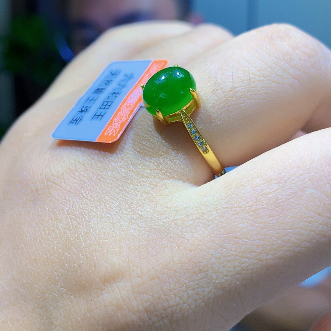 银S925镀金镶嵌戒指和田玉（碧玉）