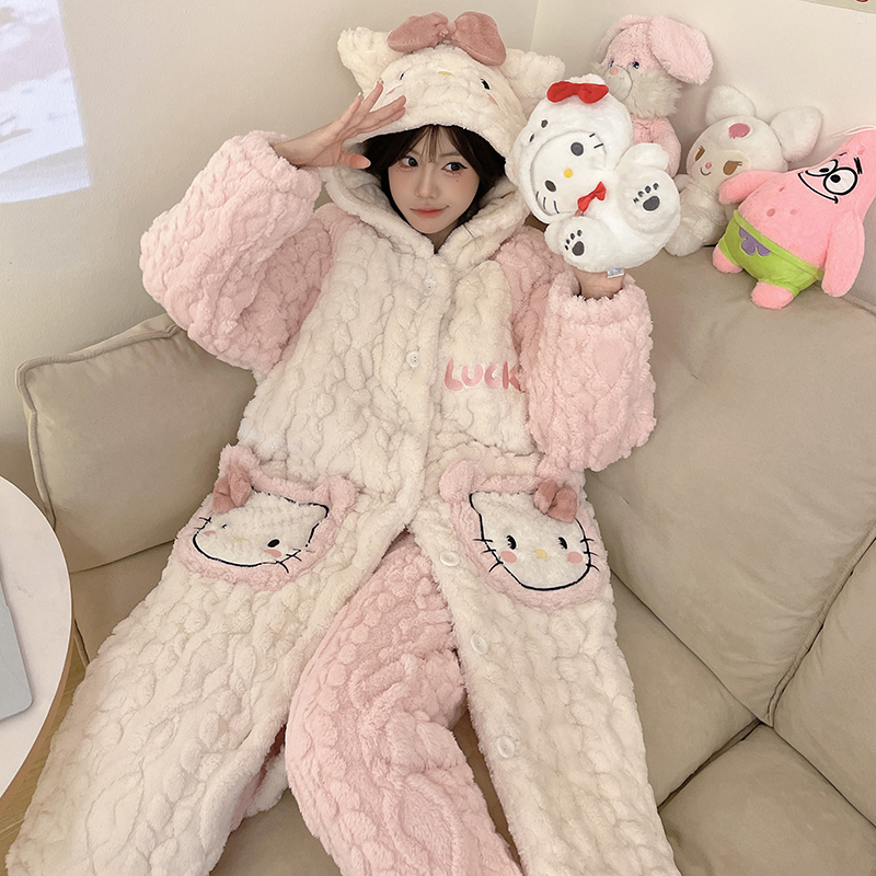 冬季女睡袍女法兰绒KT猫珊瑚绒睡衣女加绒加厚家居服套装可外穿