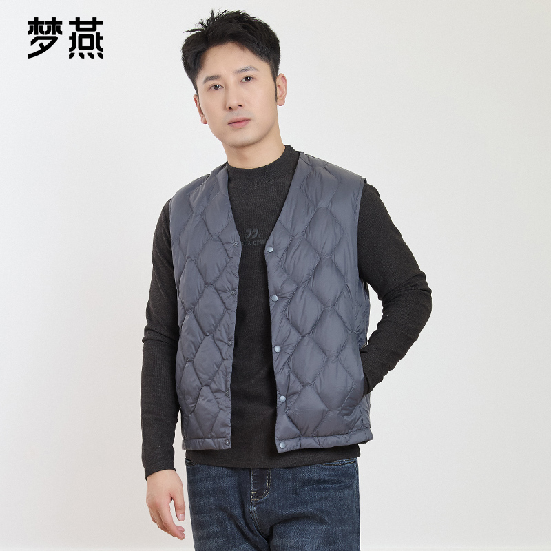 梦燕秋冬男款轻便舒适防水防静电经典黑灰色V领鹅绒背心ZG01B5002