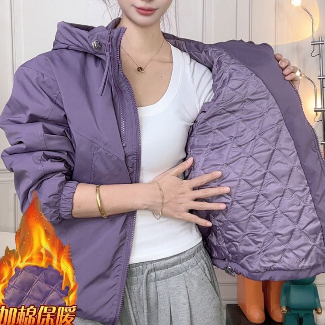 秋冬季夹棉连帽冲锋衣外套女2509