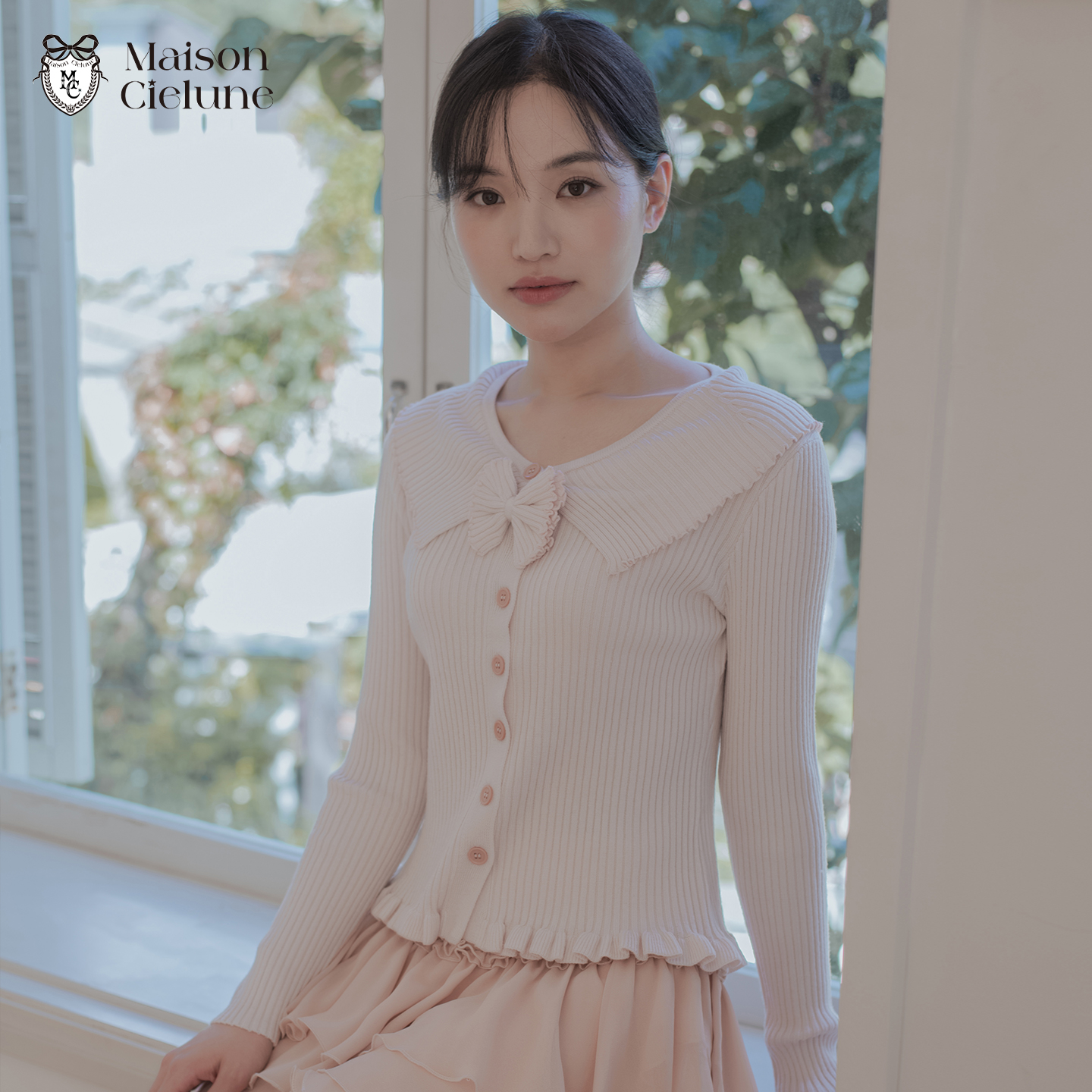 MaisonCielune蝴蝶结翻领毛衣木耳边收腰显瘦甜美针织开衫毛衣女