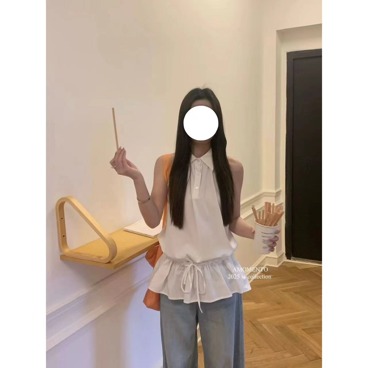 【A9510】复古POLO领挂脖无袖显瘦气质格子露肩衬衫女夏季上衣