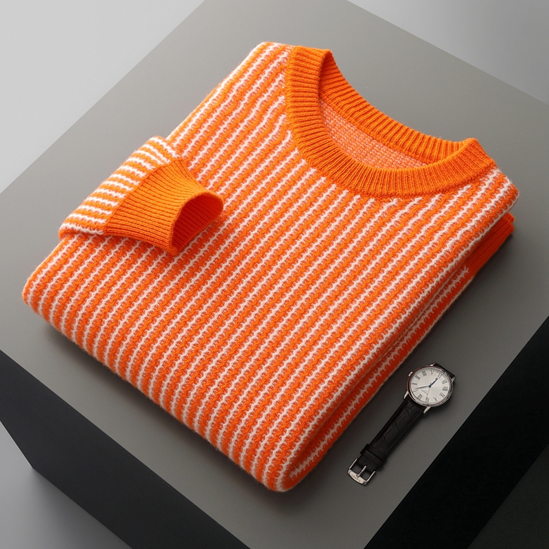 男士羊毛衫千鸟格拼色圆领套头提花针织上衣秋冬商务休闲内搭