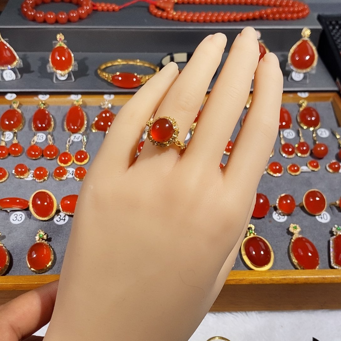 南红玛瑙戒指银S925镶嵌