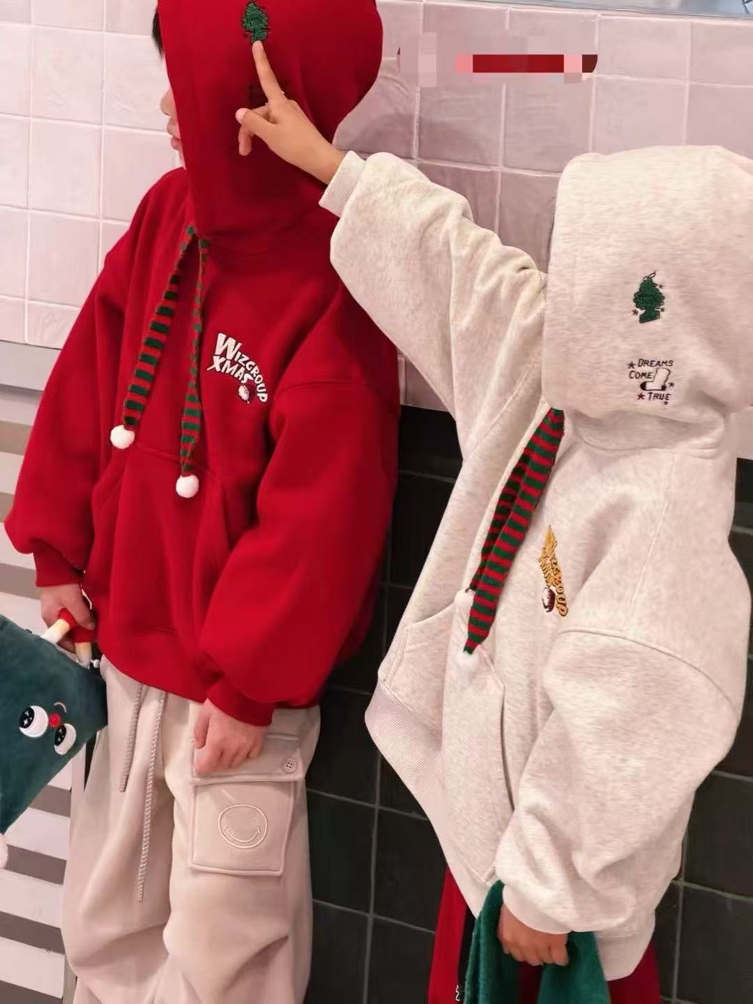 休闲女学院风绣圣诞树冬季套头套装外套卫衣连帽加厚上衣