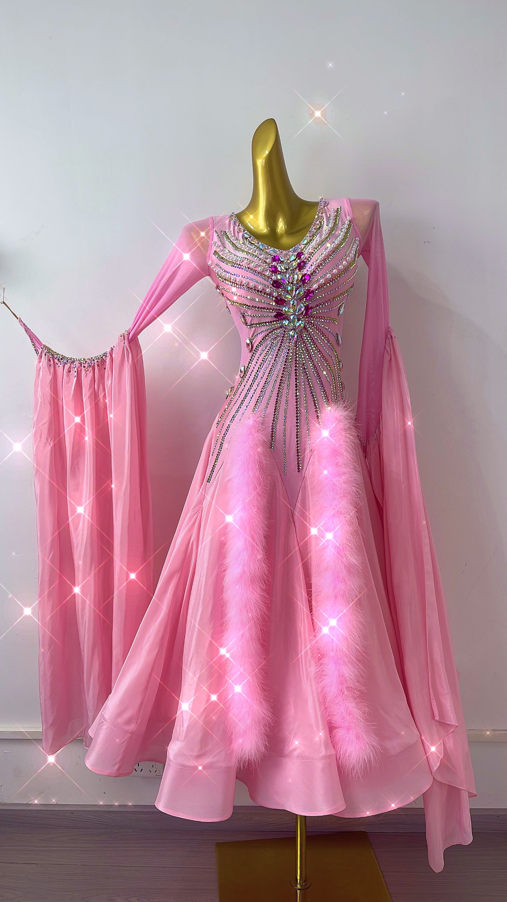 舞依阁新款粉色珍珠雪纺摩登舞裙国标舞裙华尔兹交谊舞高定连衣裙