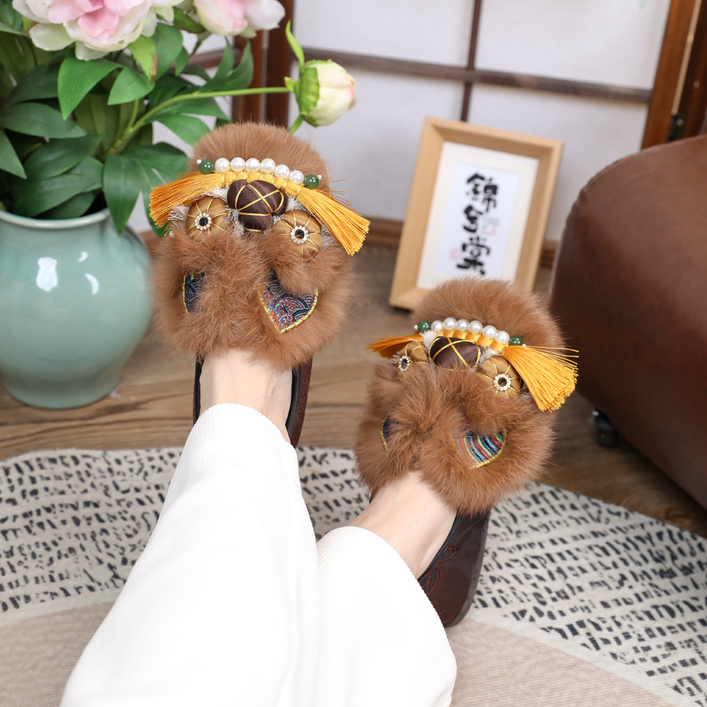 棉鞋【古檀映月】手工虎头鞋女成人中式正宗老北京布鞋绣花包跟咖色