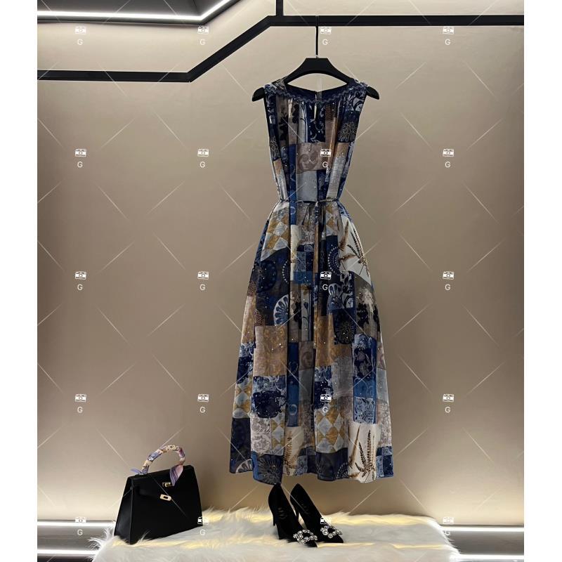 【盈】夏季新款复古时尚百搭印花无袖连衣裙 H-809