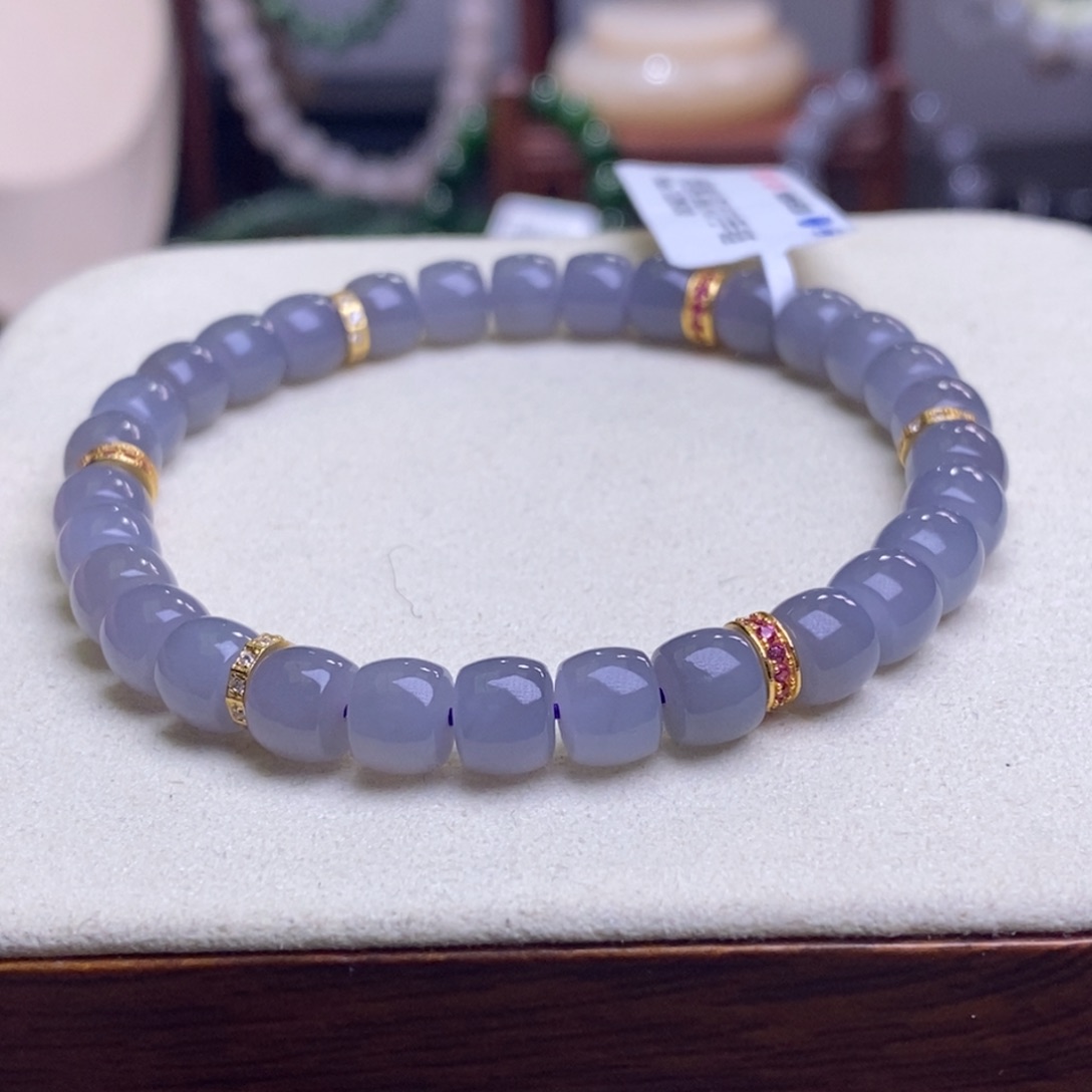 和田玉烟紫银镶直切手串7MM未镶嵌