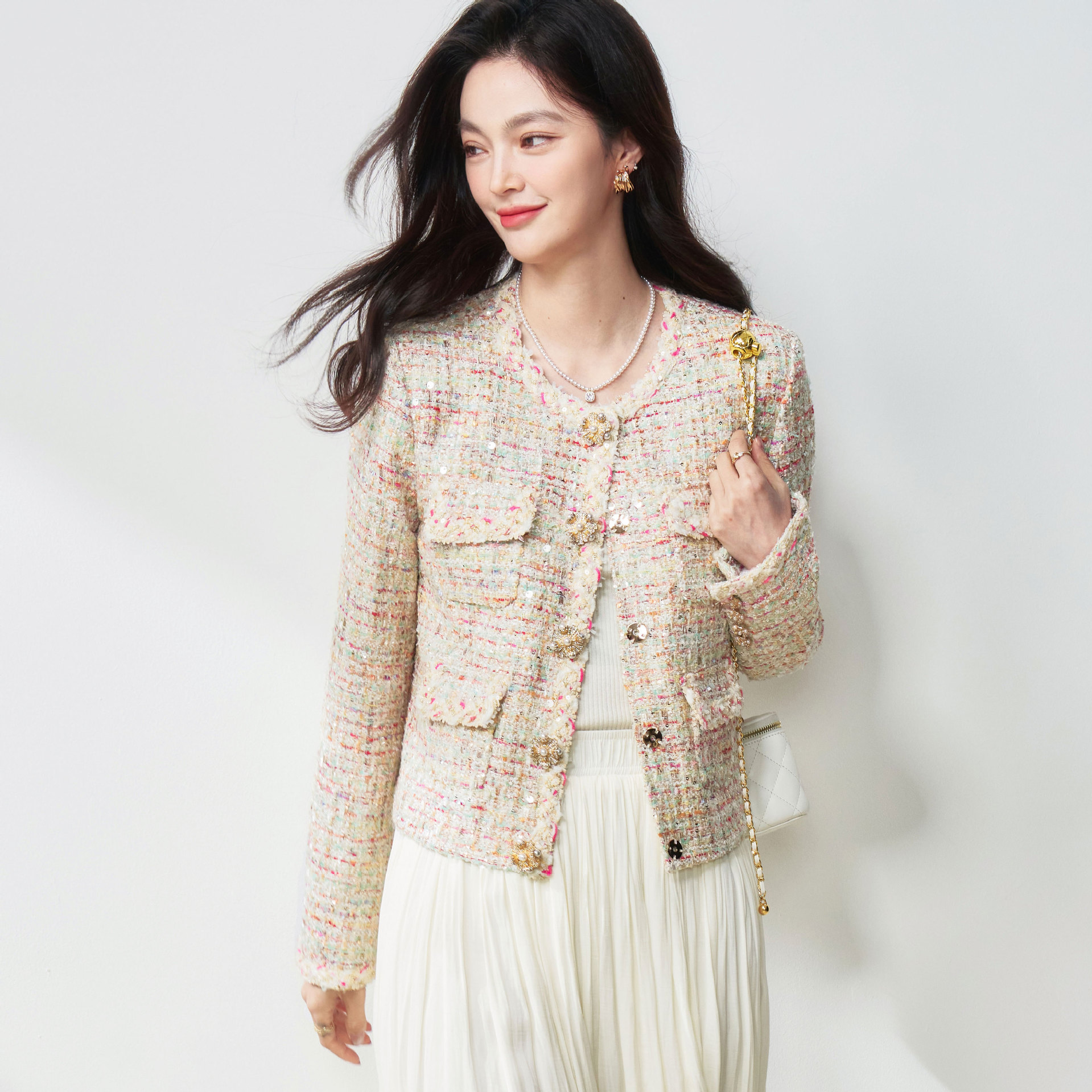 《鎏金絮语》25春季*SP名媛千金风彩葱亮片镶钻珠扣精致减龄短外套