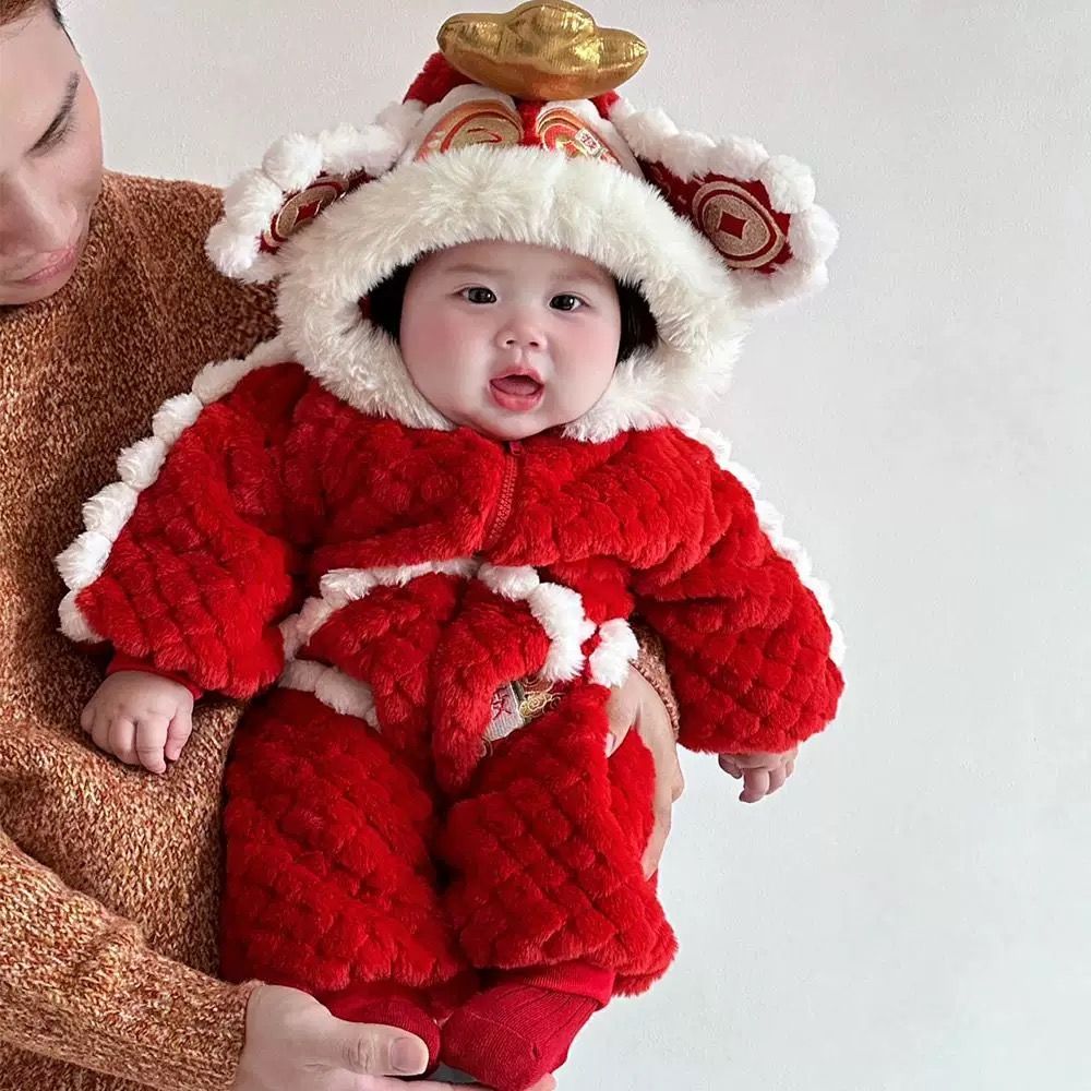 婴儿新年衣服冬装冬季宝宝拜年加绒加厚红色喜庆超萌连体衣过年
