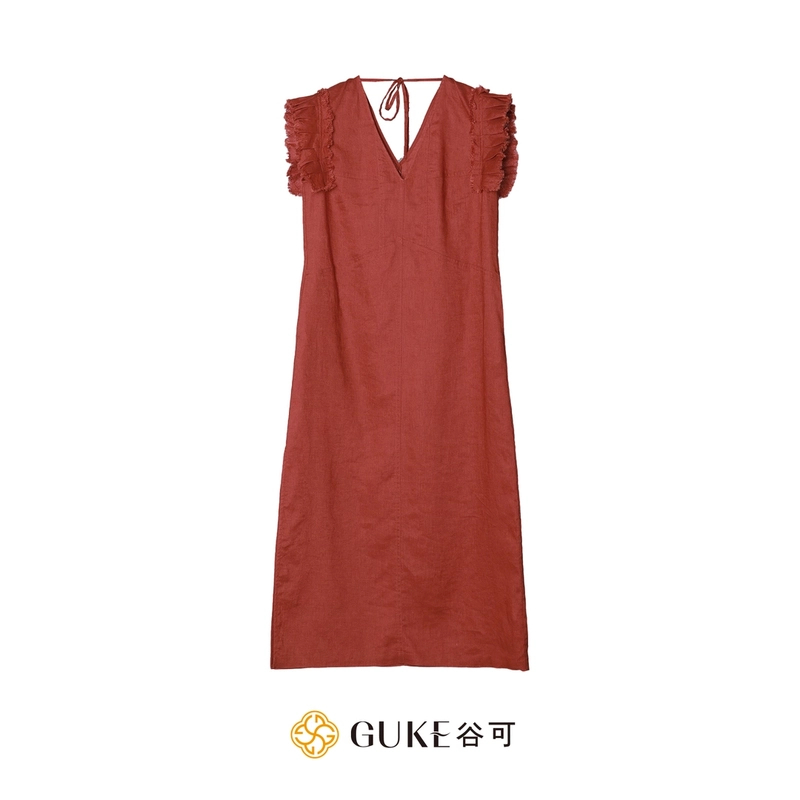 GKE/谷可LQ7501亚麻连衣裙2025夏季无袖V领气质简约裙子