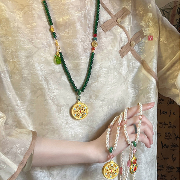 铜合金项链 新中式复古圆牌串珠项链女马面裙汉服旗袍毛衣链新潮
