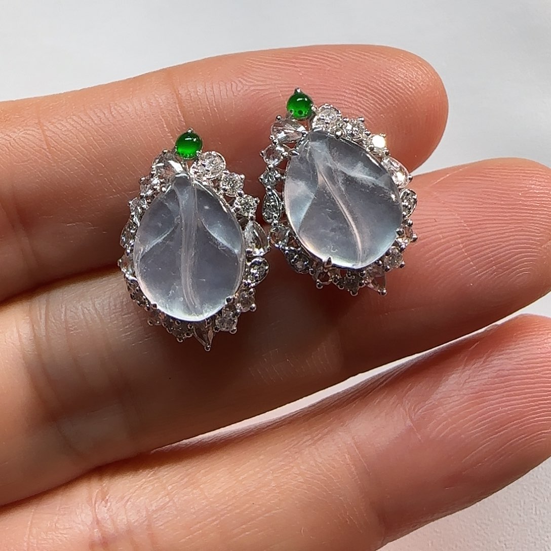 翡翠18K金镶嵌耳饰树叶耳钉