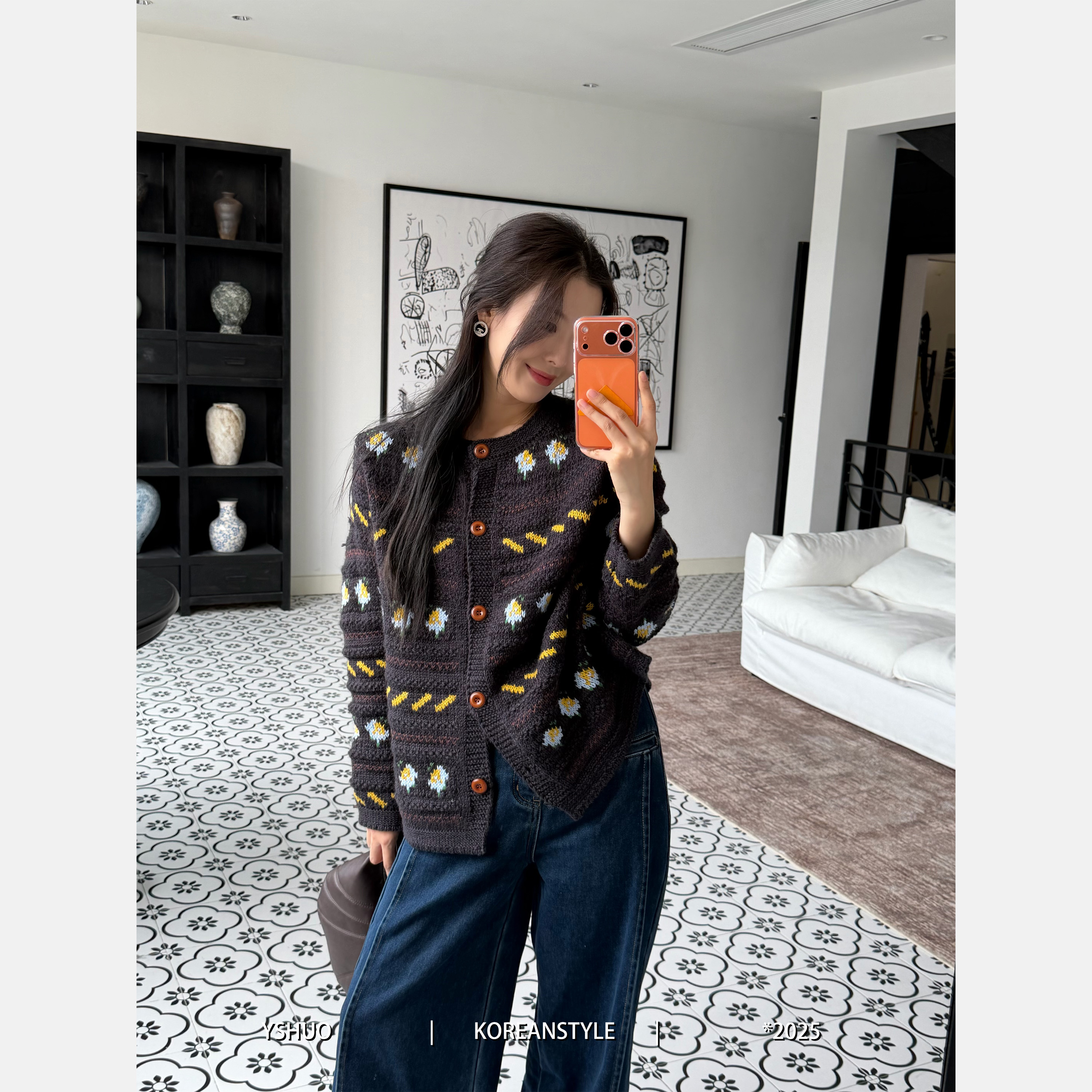 YSHUO【自在暖意】圆领慵懒复古重工钩花开衫厚实保暖高级毛衣25593