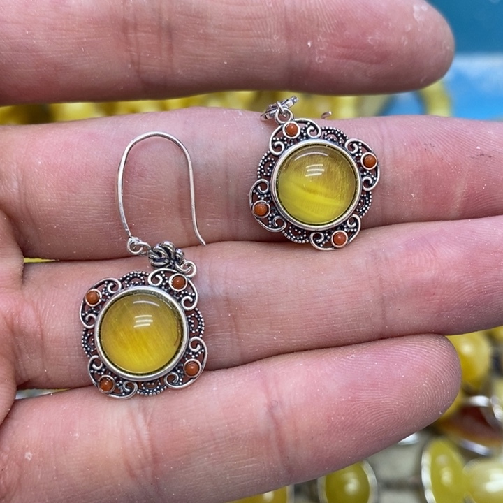 蜜蜡裸石银S925镶嵌耳坠