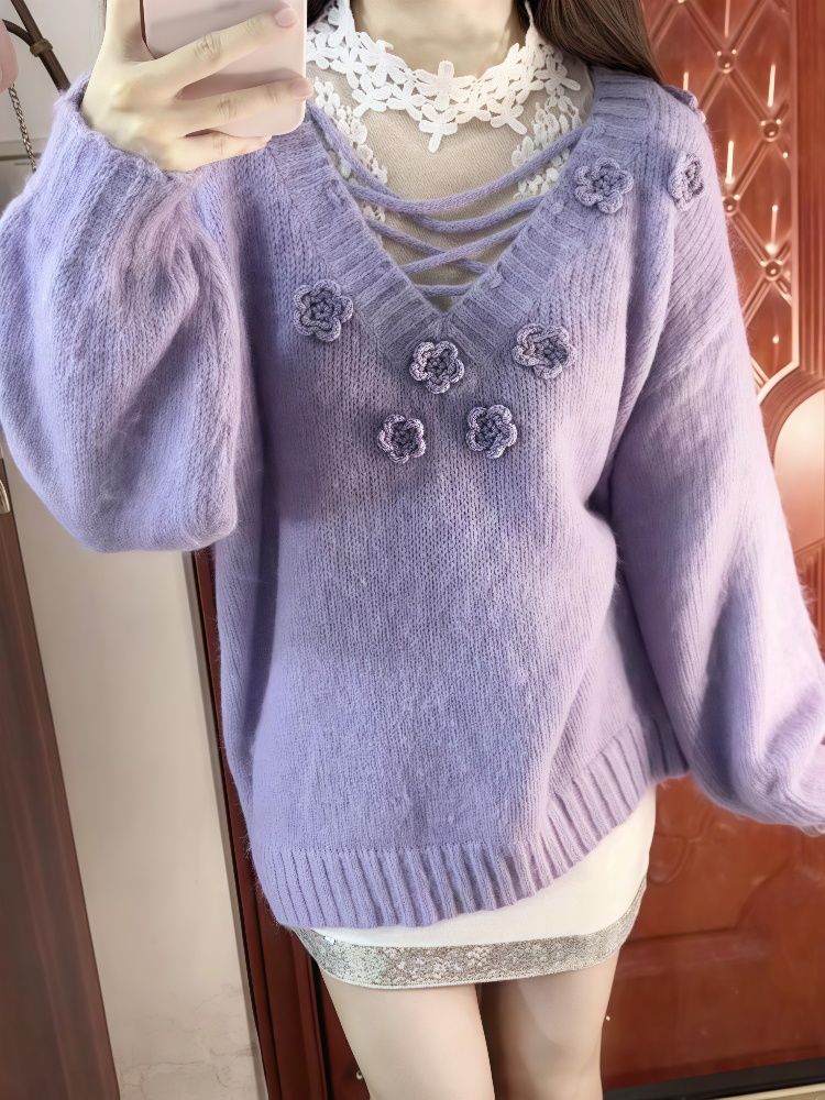 秋冬针织衫毛衣性感蕾丝长袖内搭显瘦立体花朵浪漫紫色甜美风套装