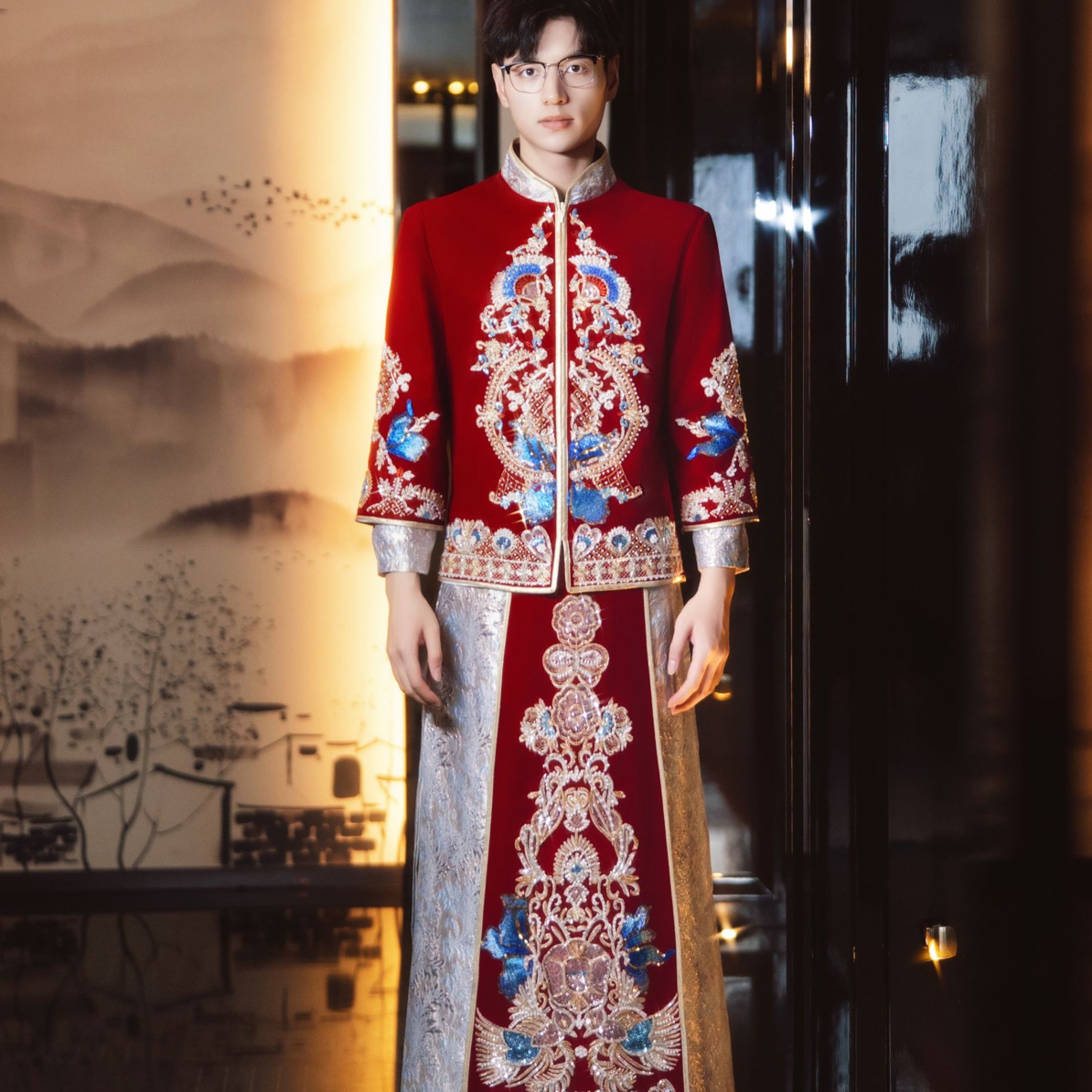 2025年新款中式丝绒秀禾服新郎结婚敬酒接亲服男士高端气质龙凤褂