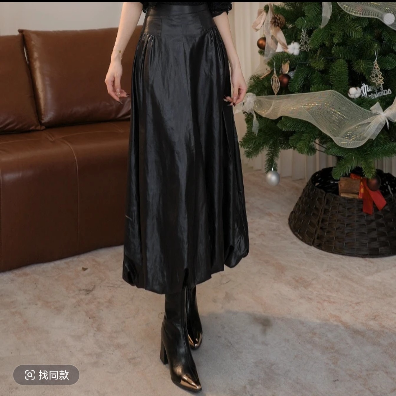 官方正品26早春新款花苞裙高腰质感复古人造皮裙半身裙520055