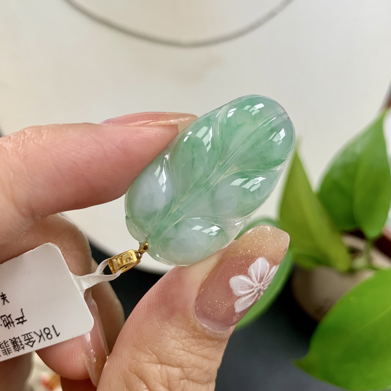 18k金镶天然缅甸翡翠a货绿叶子带礼盒证书裸石29.8*17.6*3.7mm