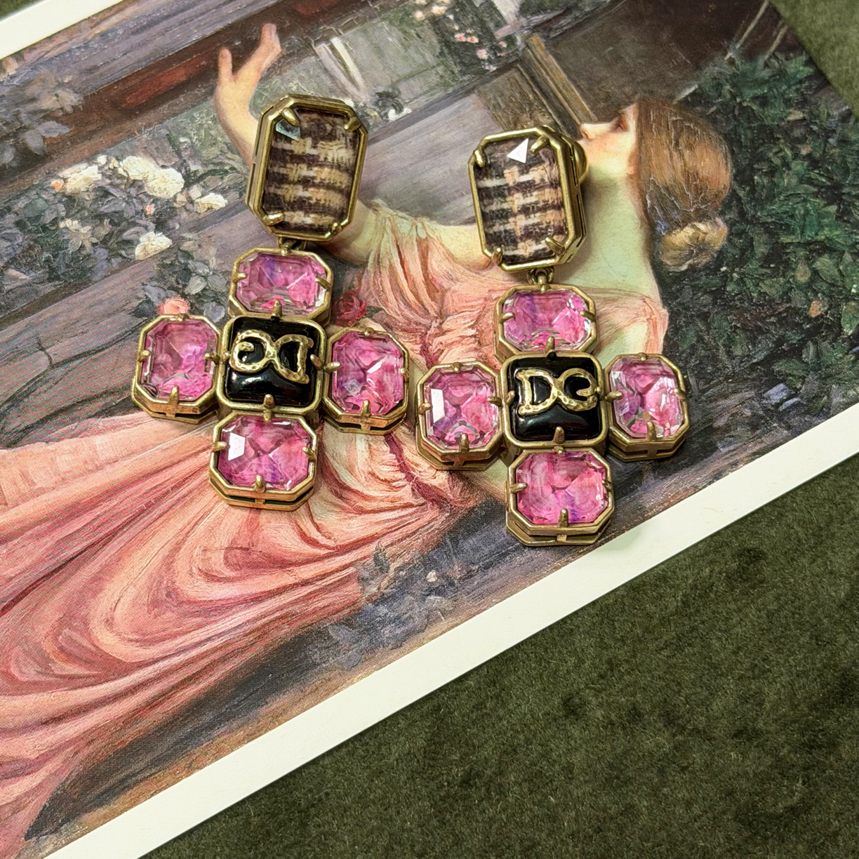 铜合金仿水晶耳饰 「桃之夭夭」复古猫眼粉色耳环项链轻奢时髦耳饰