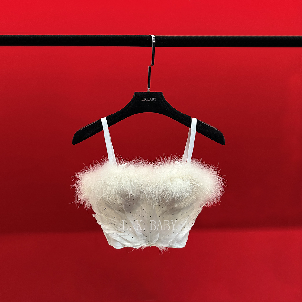 【L.K.BABY】 天使羽翼  法式纯欲「洁白天鹅」散钻毛毛吊带抹胸背心