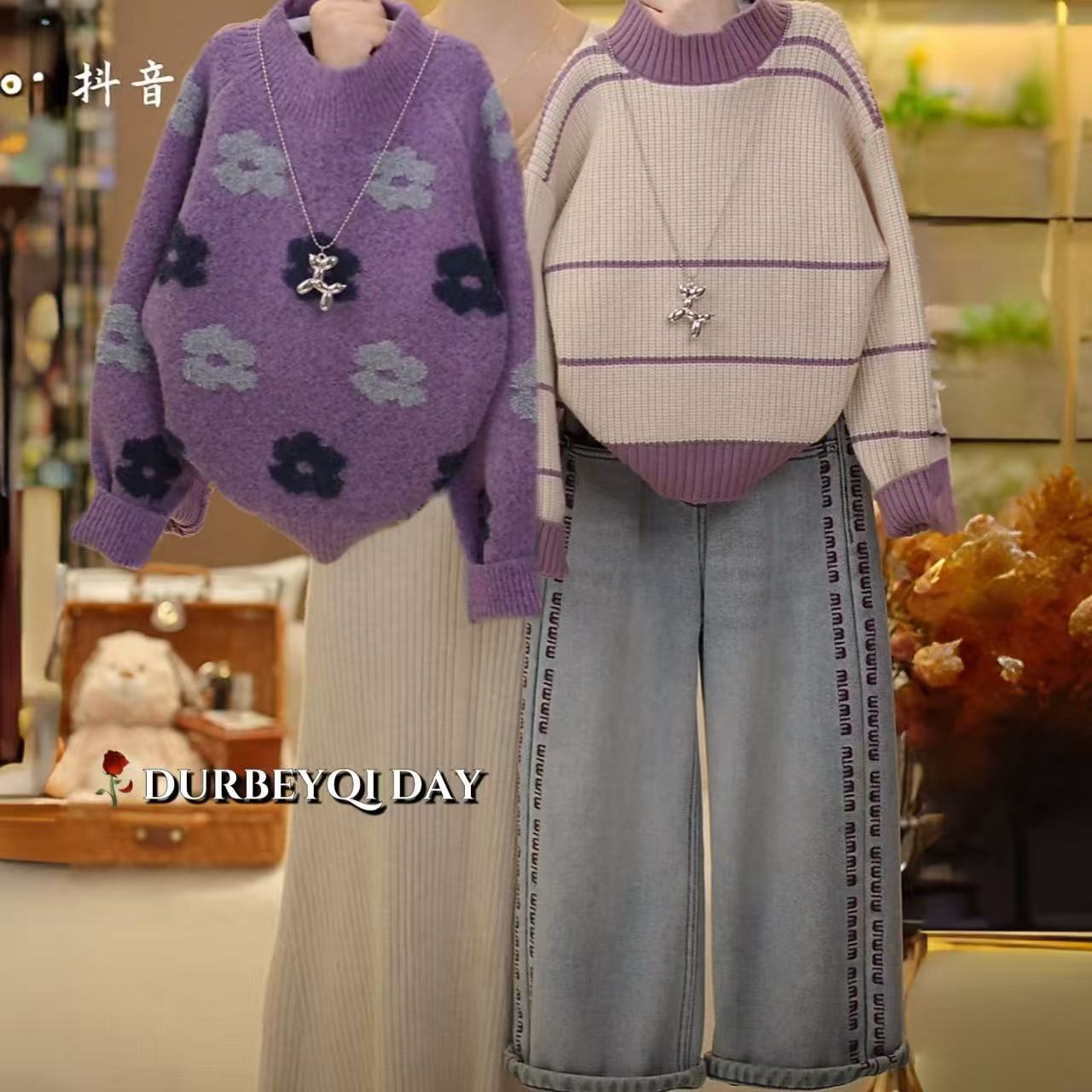 女童2025冬季韩版新款针织加厚毛衣洋气百搭加绒牛仔裤套装5968