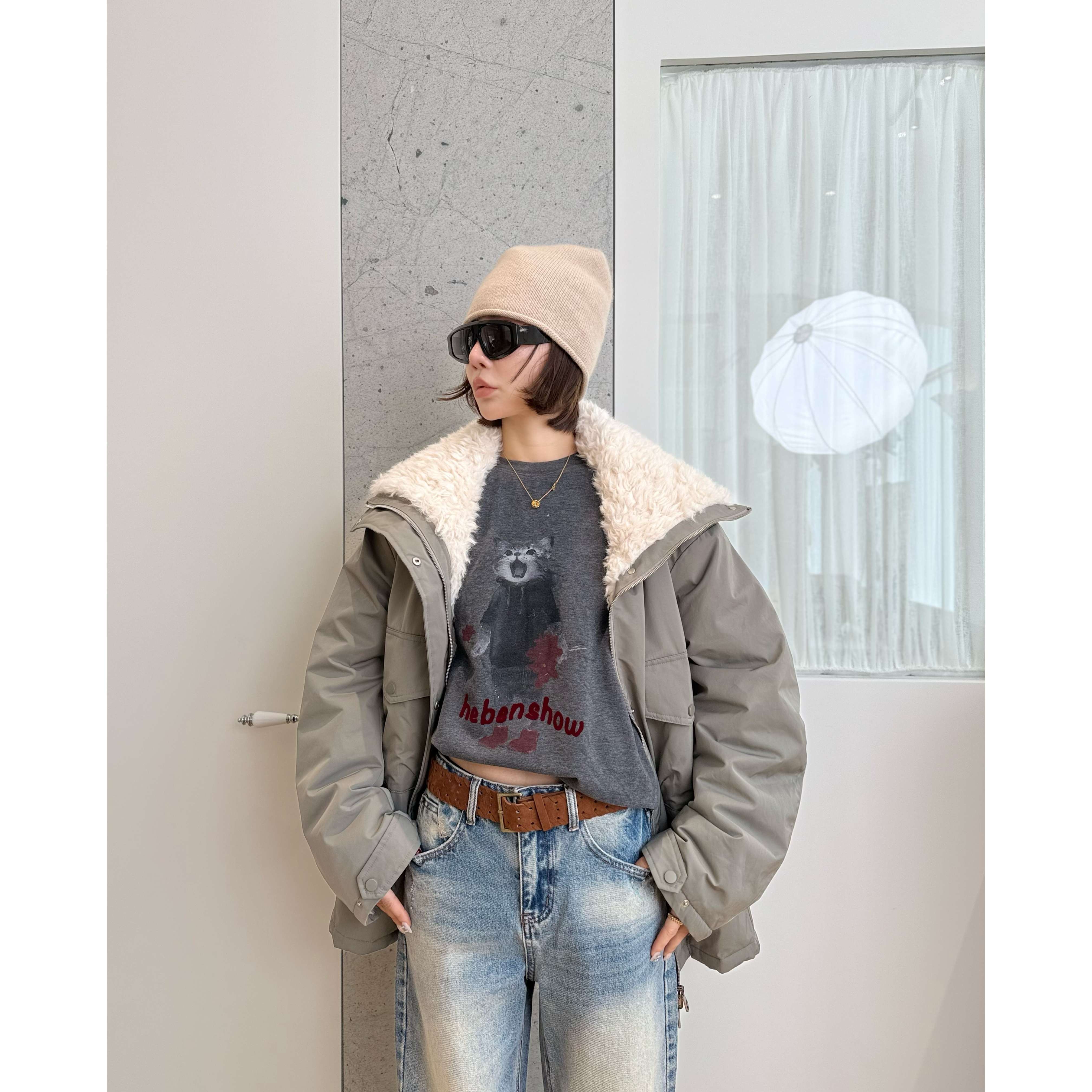 街潮派克外套女秋冬毛领连帽休闲外套百搭潮牌风衣 SWR14117