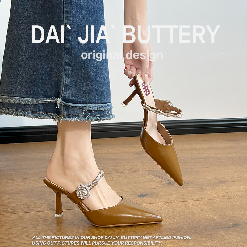 清货尖头水钻一字带年春夏外穿高级感细跟高跟包头仙女风凉拖鞋女