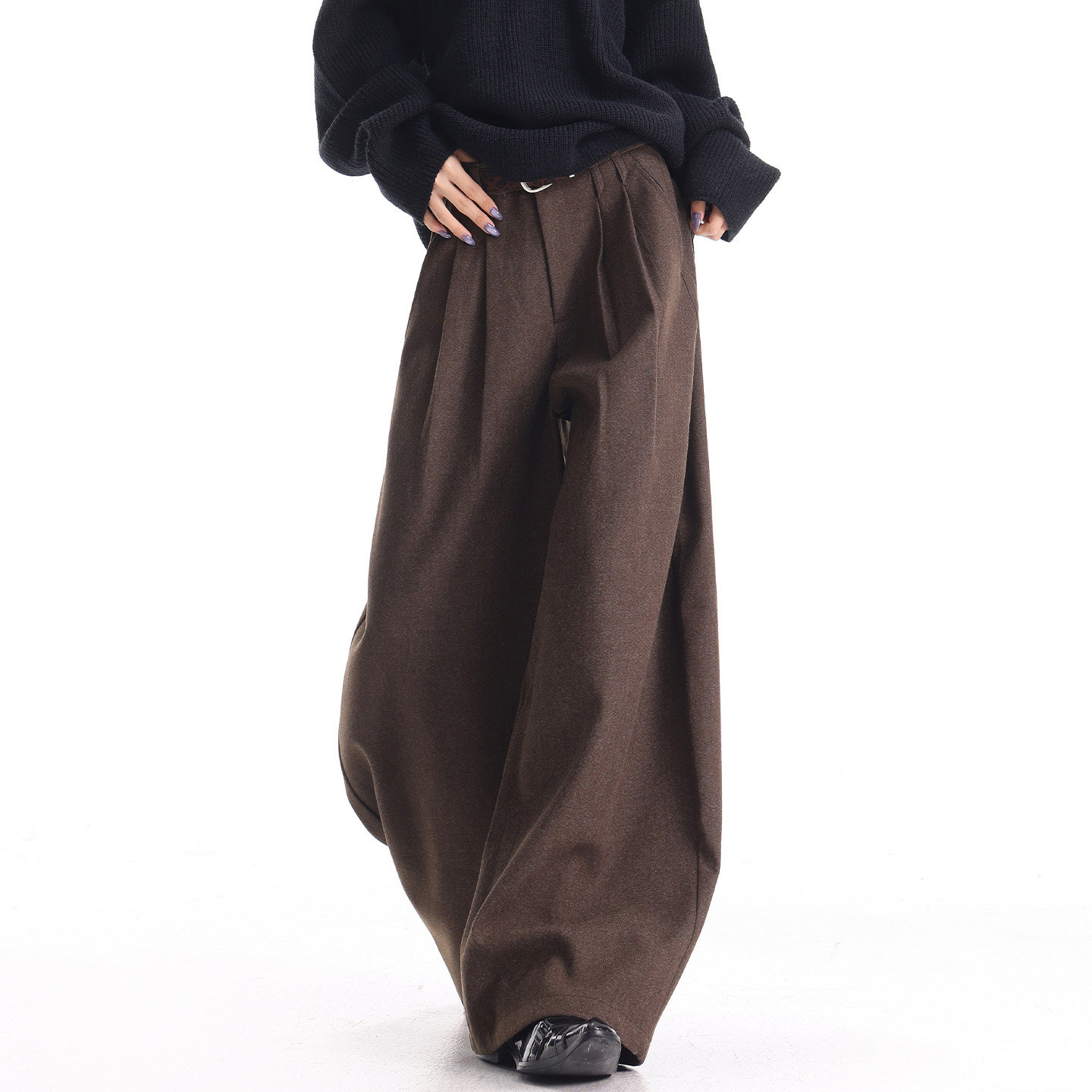 KEN STUDIO秋冬新款老钱风咖色磨毛西装裤女复古百搭阔腿休闲裤子