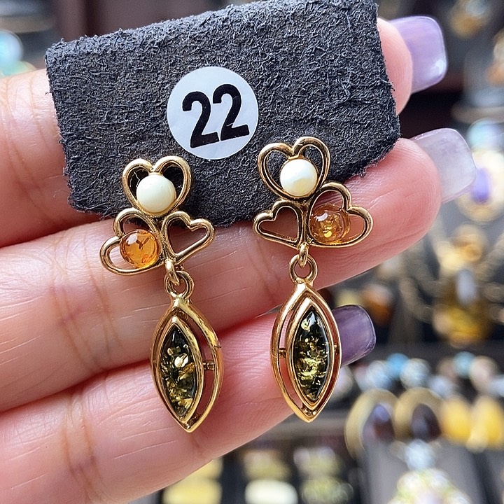 琥珀耳饰银S925镶嵌耳环