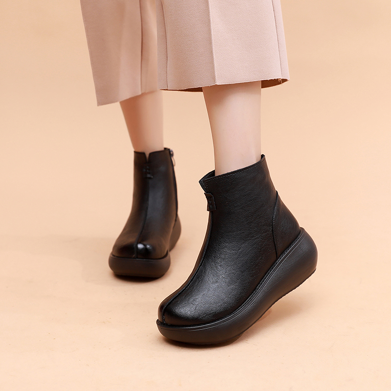 棉鞋女2025冬新款民族风加绒短靴女坡跟厚底松糕跟休闲软皮女靴子