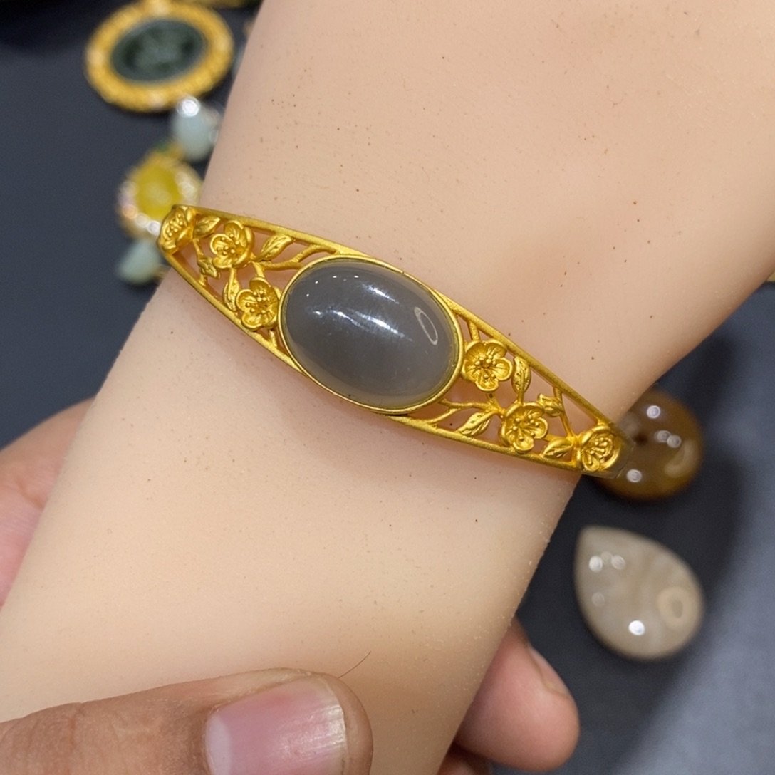 和田玉手镯银S925镀金镶嵌