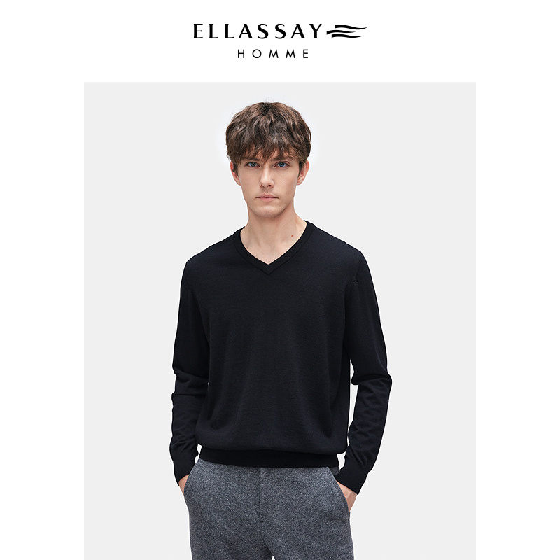 【100%山羊绒】 ELLASSAY歌力思男装秋冬新款保暖V领针织衫毛衣男款