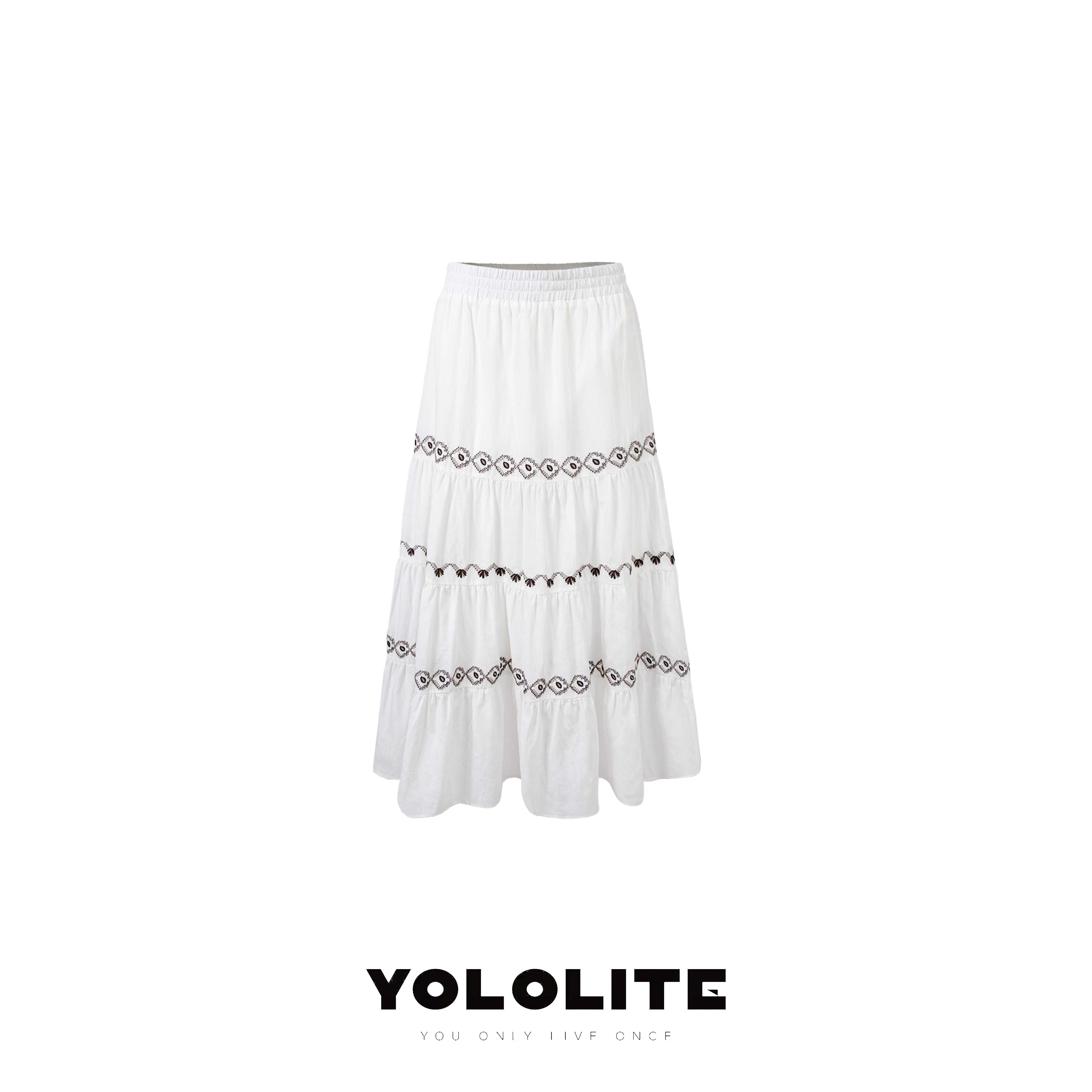 YOLOLITE【云汐】2718法式白色松紧腰中长款半身裙女春季百搭裙子