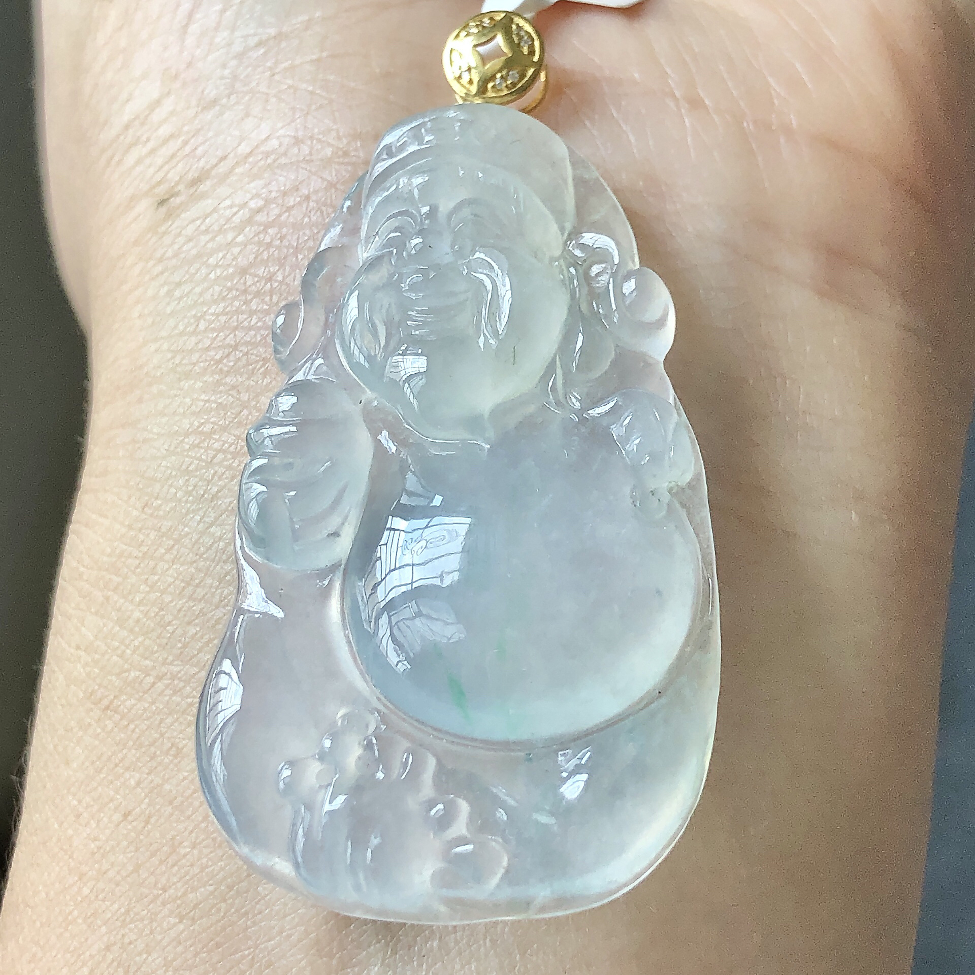 缅甸天然A货翡翠18k金镶嵌老坑冰种大财神吊坠尺寸50.2/27.4/6