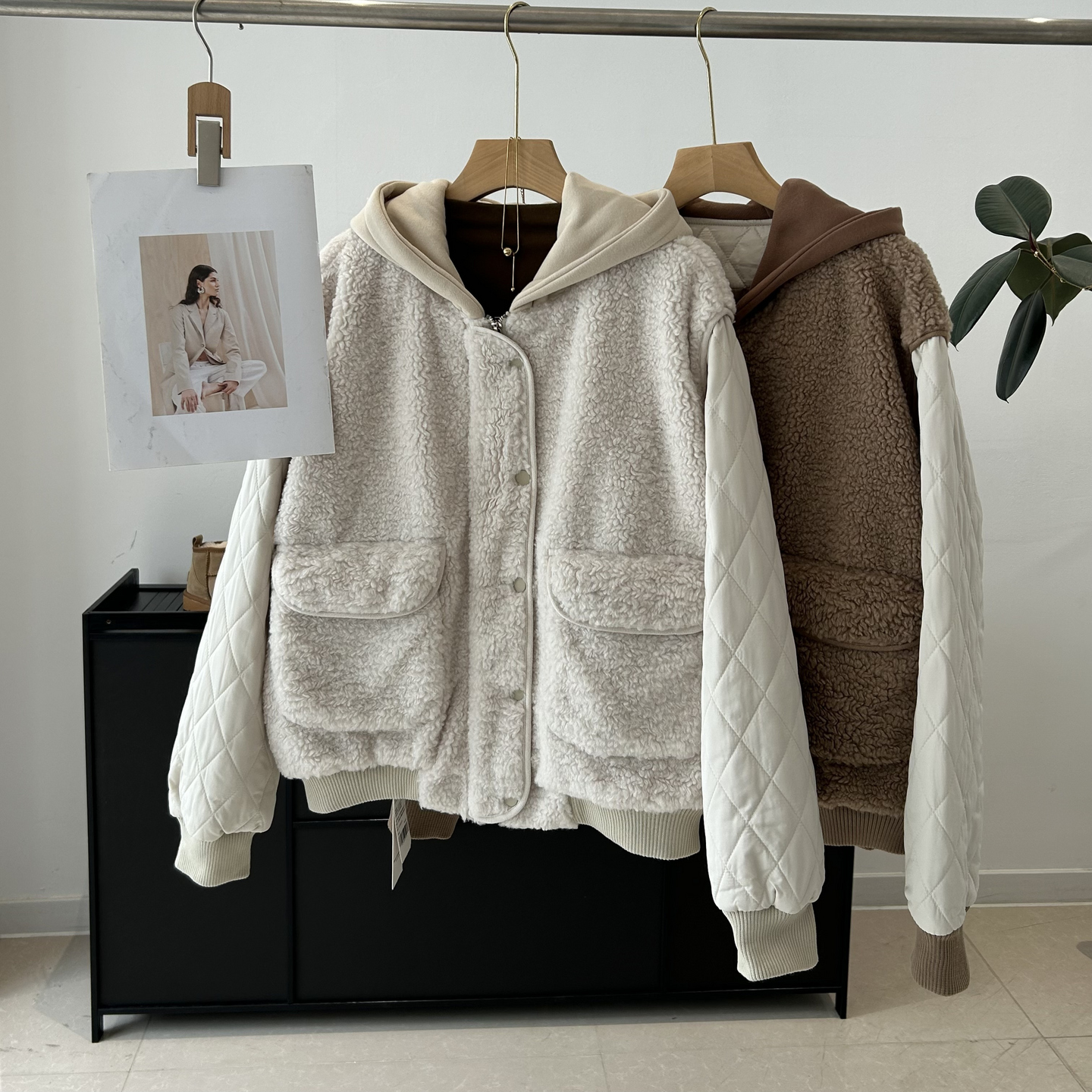 上身很香！厚实不显臃肿~连帽毛毛袖部拼接设计保暖上衣外套