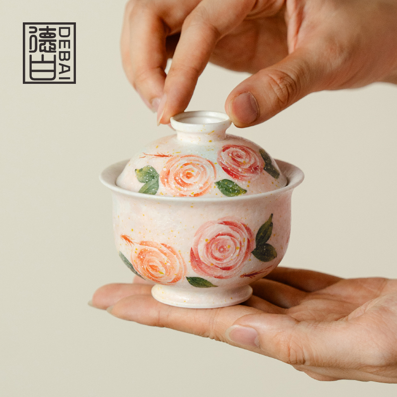 （阿萌茶事）岩矿白淡粉纯手绘玫瑰-德逸二才盖碗