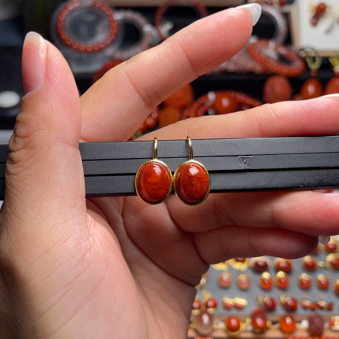 南红玛瑙银S925镶嵌高跟鞋耳扣