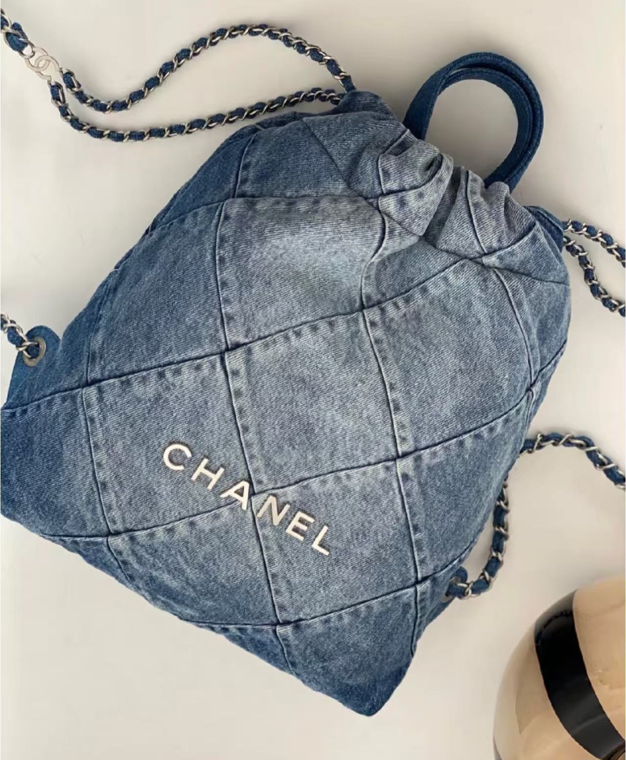 99新 Chanel/香奈儿 23p 牛仔银22bag双肩包 小号 芯片 12009397