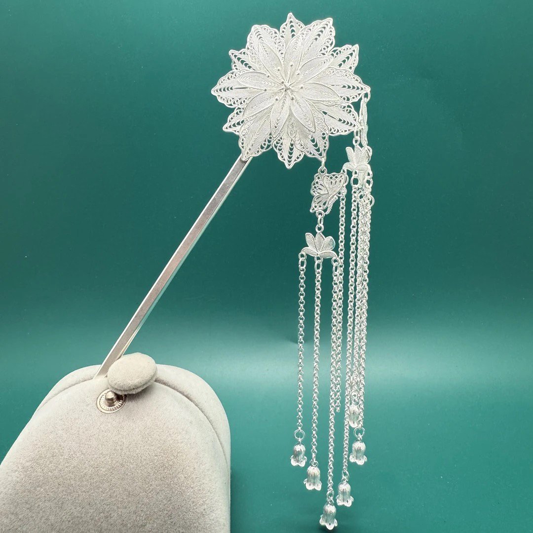 足银银制品 足银长流苏 「玉楼春牡丹花发簪」新中式风格步摇百搭款