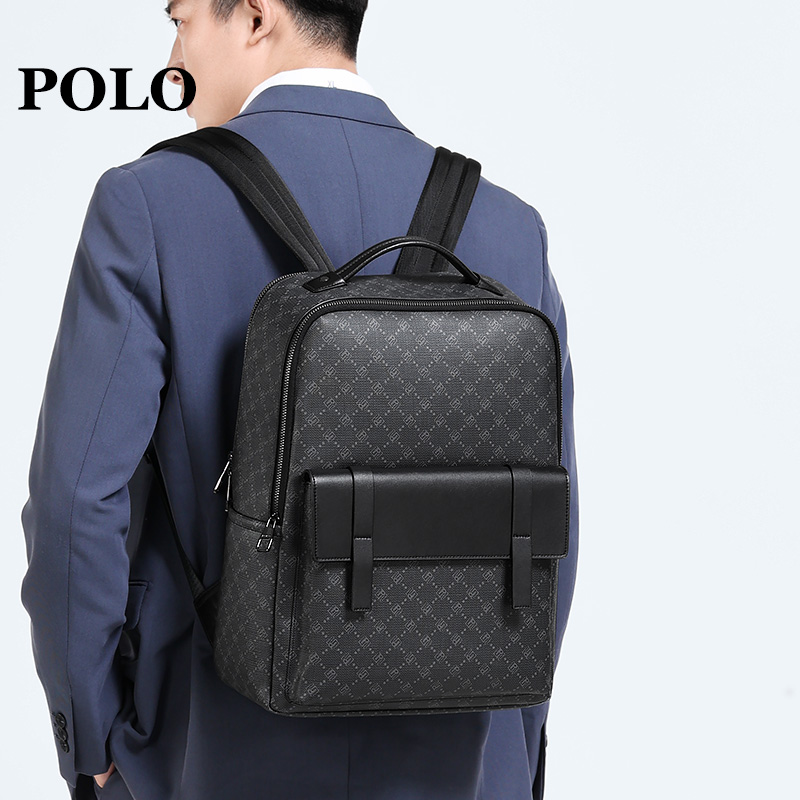 POLO男士双肩包真皮黑色轻奢时尚欧美潮流休闲大学生青年商务韩版