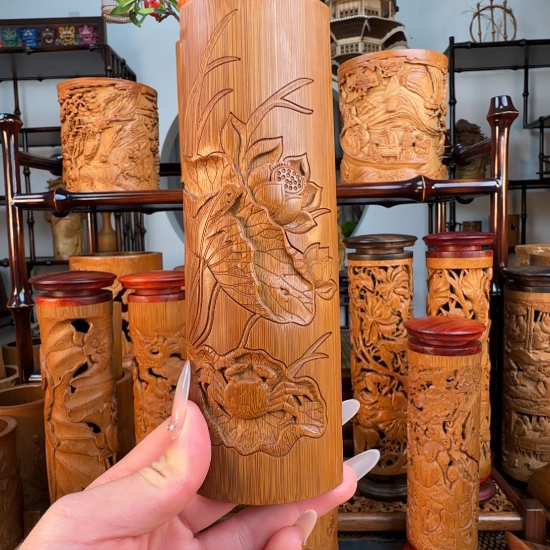 阳***️香榧木一物一拍荷花螃蟹茶折