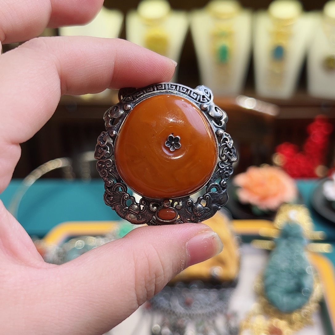 琥珀戒指/指环银S925镶嵌古风